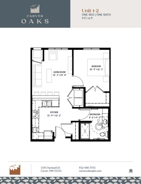 Floor plan for 1 bed, 1 bath, 615 sqft
